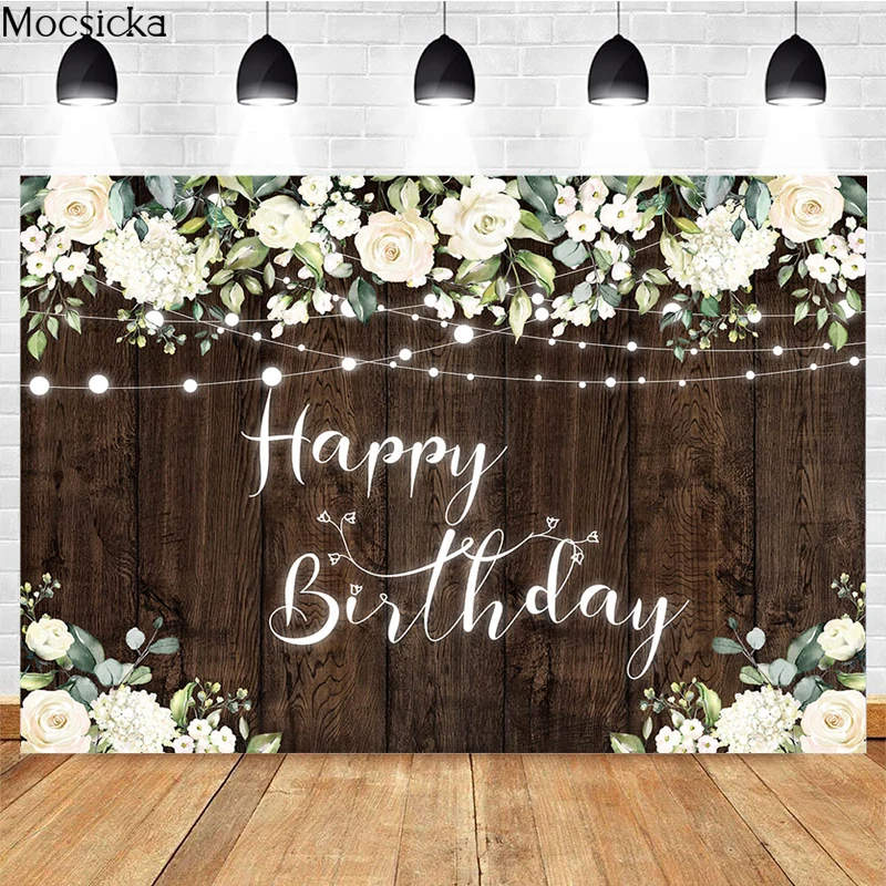 

Happy Birthday Photography Background Wood Board Lamp String Flowers Decoration Studio Props Baby Shower Photo Backdrop Banner