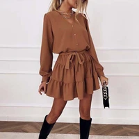 spring long sleeve ruffles dress for women solid v neck casual loose mini dress button female autumn a line office vestidos