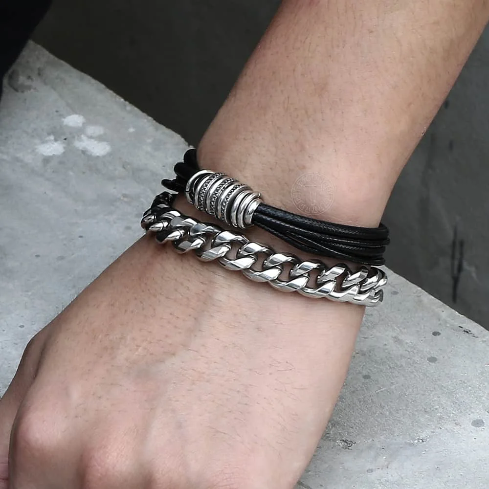 Браслет-цепочка из нержавеющей стали 11 мм черный многослойный браслет кожи с
