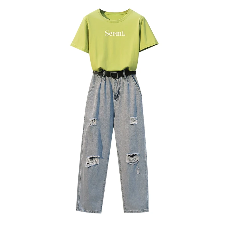 

Denim Jeans Womens Ripped Holes Straight Jean Lady Plus Size Ankle Length Loose Pants Cotton Tshirt Womens Thirts Short Sleeve