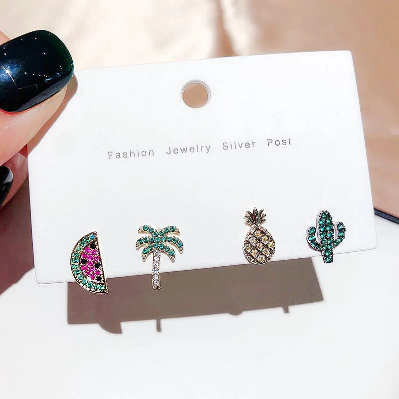 Изысканные серьги-гвоздики с тропическими растениями золотой цвет цветной