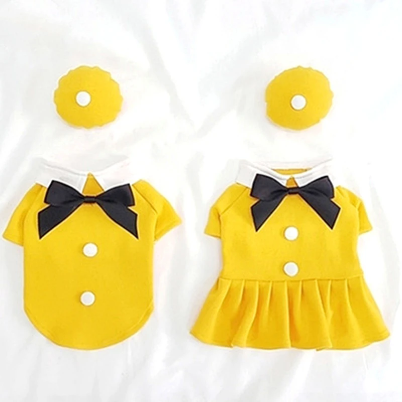 Yellow Dog Skirt Summer Thin Clothes Puppy Couple Outfit Bow Tie Pullover Fashion Pet Dress With Hat XS-XL |