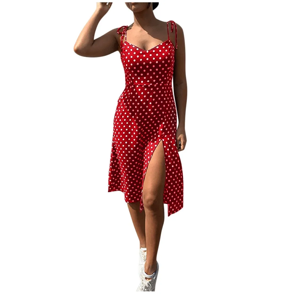 

Womens Fashion Causal Dot Sleeveless High Waist V-neck Dress Robe Femme Summer Vestidos 2021 Платье Летнее
