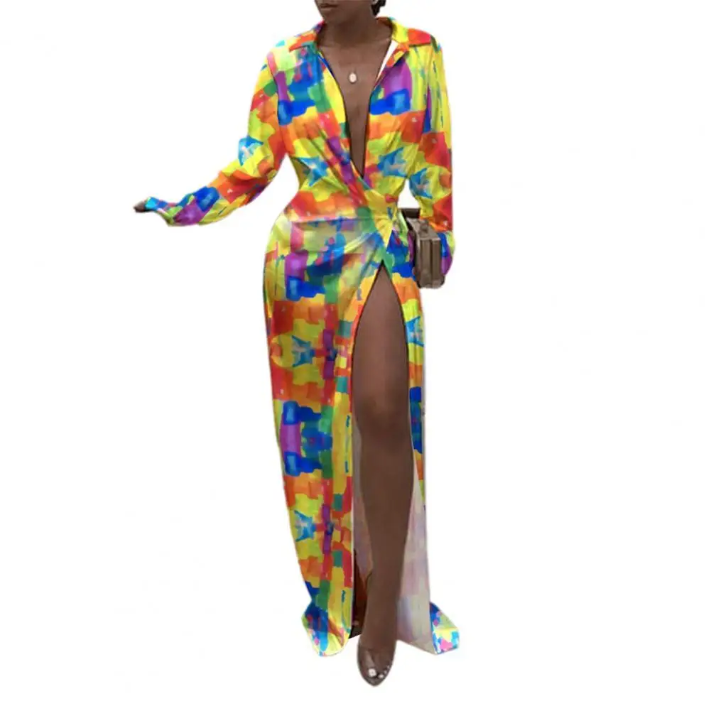 

Платье-Макси женское с длинным рукавом, высоким разрезом и принтом в полоску