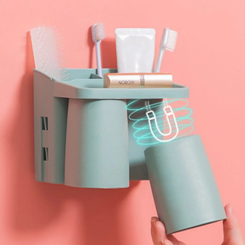 

Home wall-mounted toothbrush holder, magnetic mouthwash cup wash set, bathroom punch-free toothbrush storage rack item rack