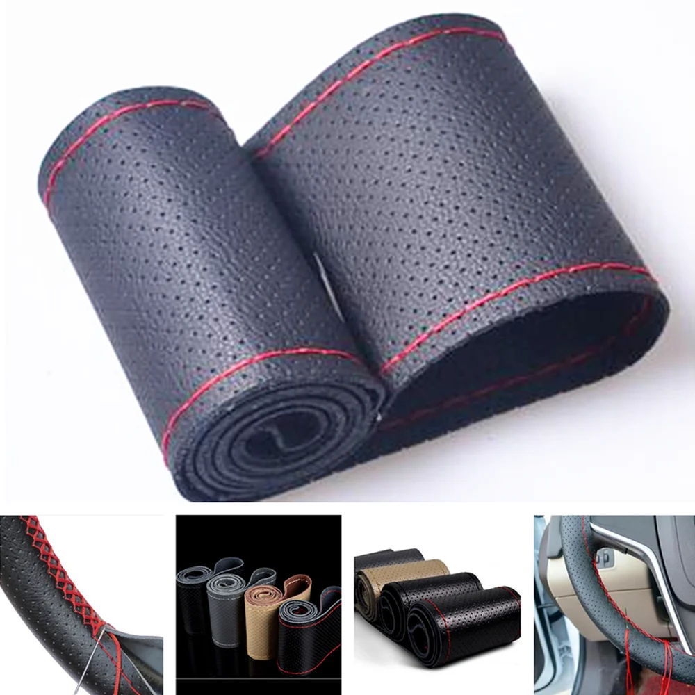 

Black DIY Genuine Cowhide Car Braid Leather Steering Wheel Cover 38 CM Universal