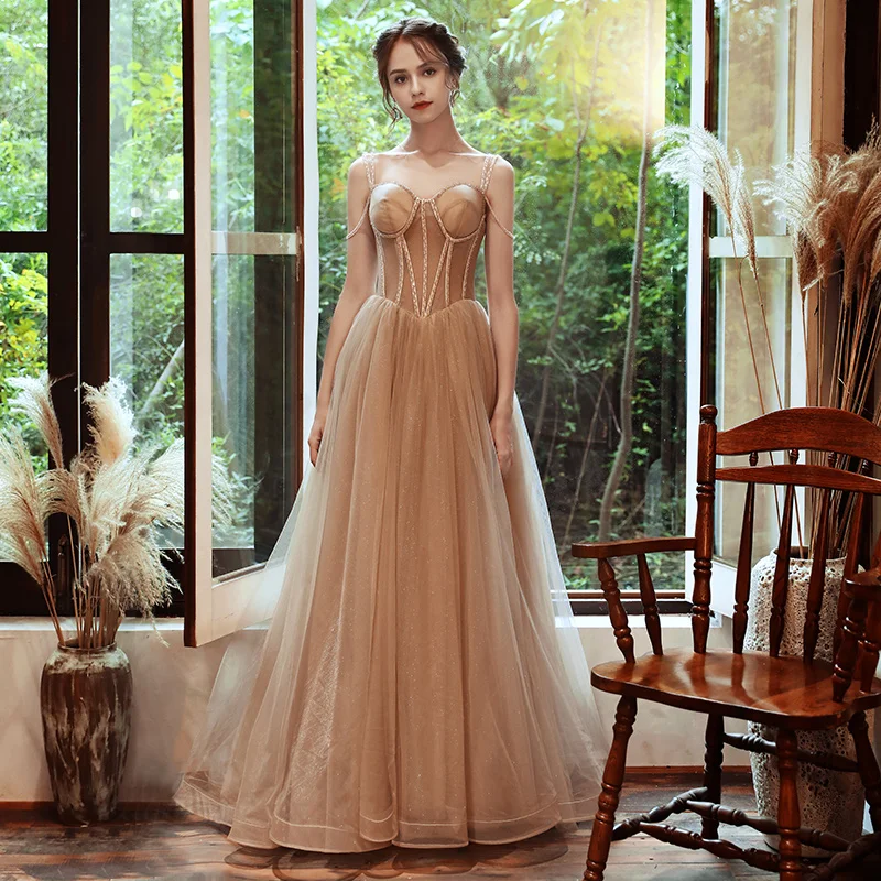 Женское вечернее платье SSYFashion сексуальное цвета шампанского на тонких