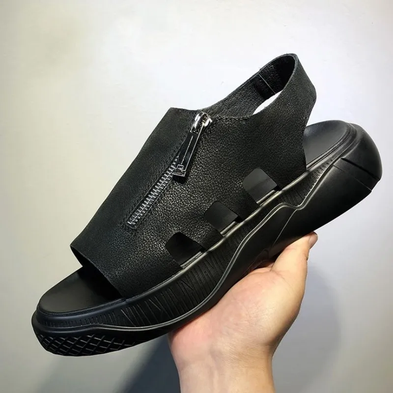 Сандалии мужские из натуральной кожи на молнии пляжные босоножки толстой