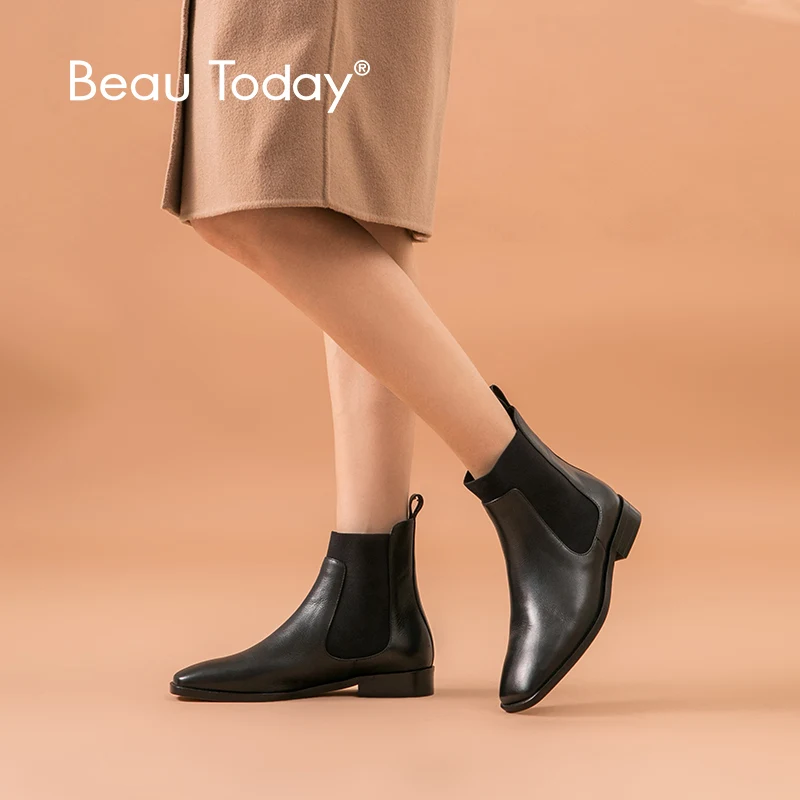 Ботильоны женские из телячьей кожи с квадратным носком на резинке|Женские