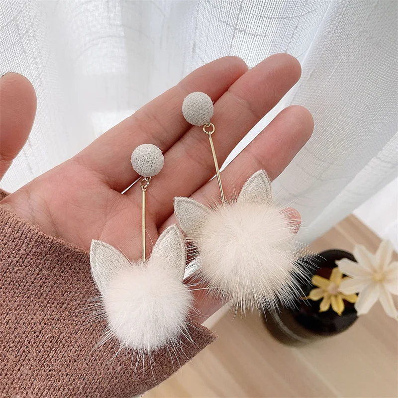 

Fashion Plush Ball Cute Cat Ears Earrings Unique Soft Dangle Earring Jewelry Sweet Earrings for Women Kolczyki 2022 New Year