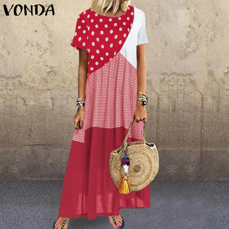 

VONDA 2021 Ruffled Dress Women Casual O Neck Short Sleeve Dot Printed Long Maxi Dresses Summer Bohemian Party Vestidos S-