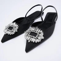 za womens wedding shoes 2021 summer new black rhinestone buckle slingbacks shoes pointed toe flat female half sandals