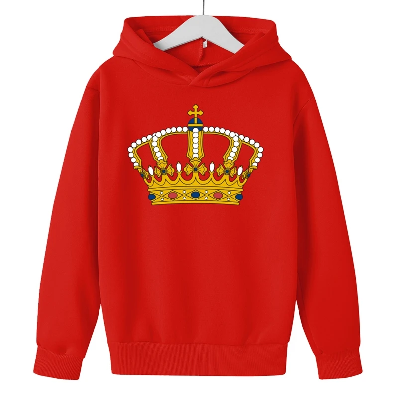 

3-14Y Anime King Queen Hoodie Kids Tracksuit Toddler Girls Crown Logo Printed Hoodies Baby Boys Pullove Street Fashion Clothing