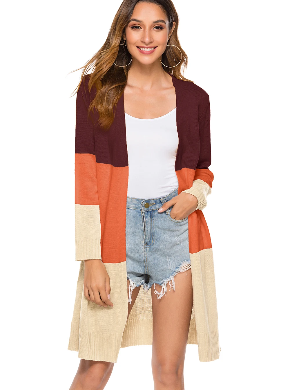 Женский открытый передний Длинный свитер кардиганы Boho с длинным рукавом Цвет
