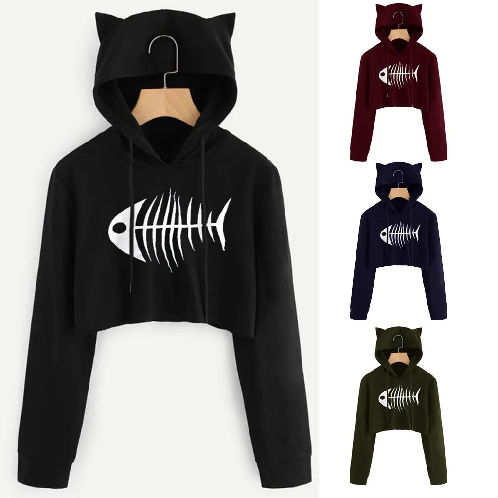 

Women Cat-Ear Long Sleeve Hoodie Sweatshirt Hooded Pullover Short Tops Crop Top Hoodie Black Crop Hoodie For Girl#G