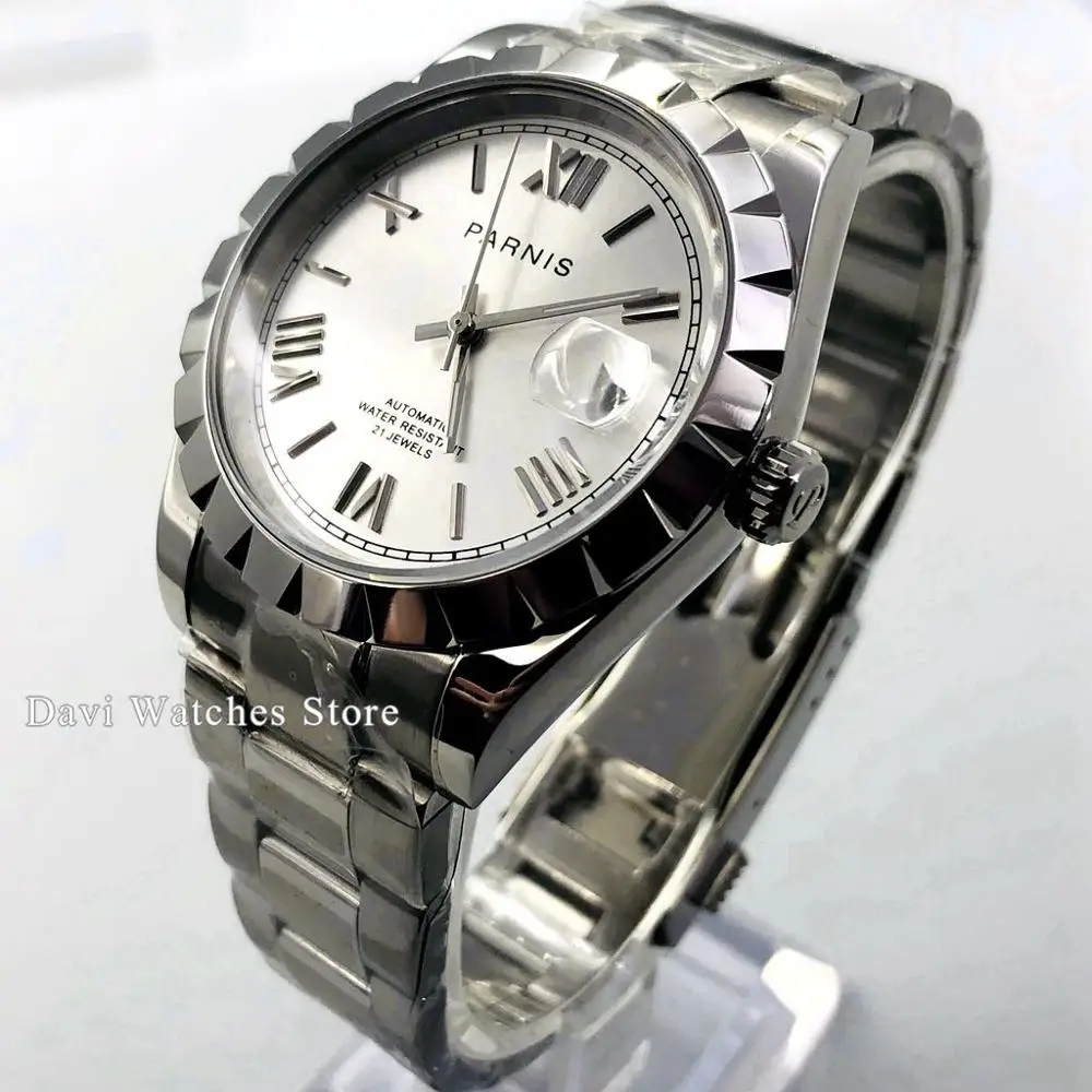 

Parnis 39mm men's watch silver case sapphire crystal Silver dial date window 21 jewels Miyota movement automatic mens watch gift