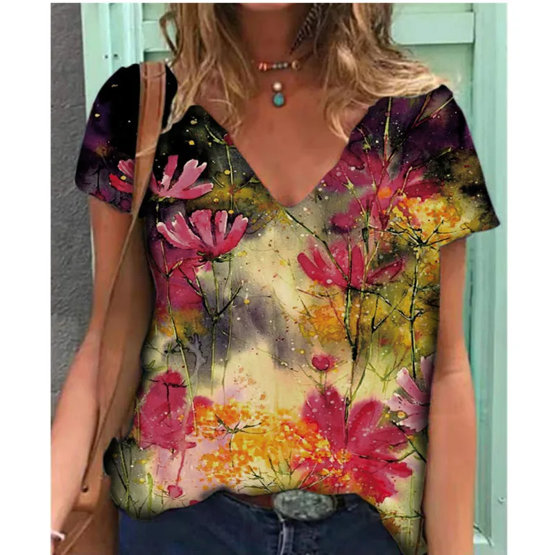 

Summer New Style Painted V Neck Printed Short Sleeved Shirt for Women Loose Large Size Fashion Short Sleeved T Shirt