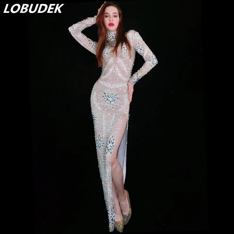 

Women Singer Host Models Catwalk Rhinestones Slit Dress Long Sleeve Slim Fashion Evening Party Birthday Prom Diamond Dresses