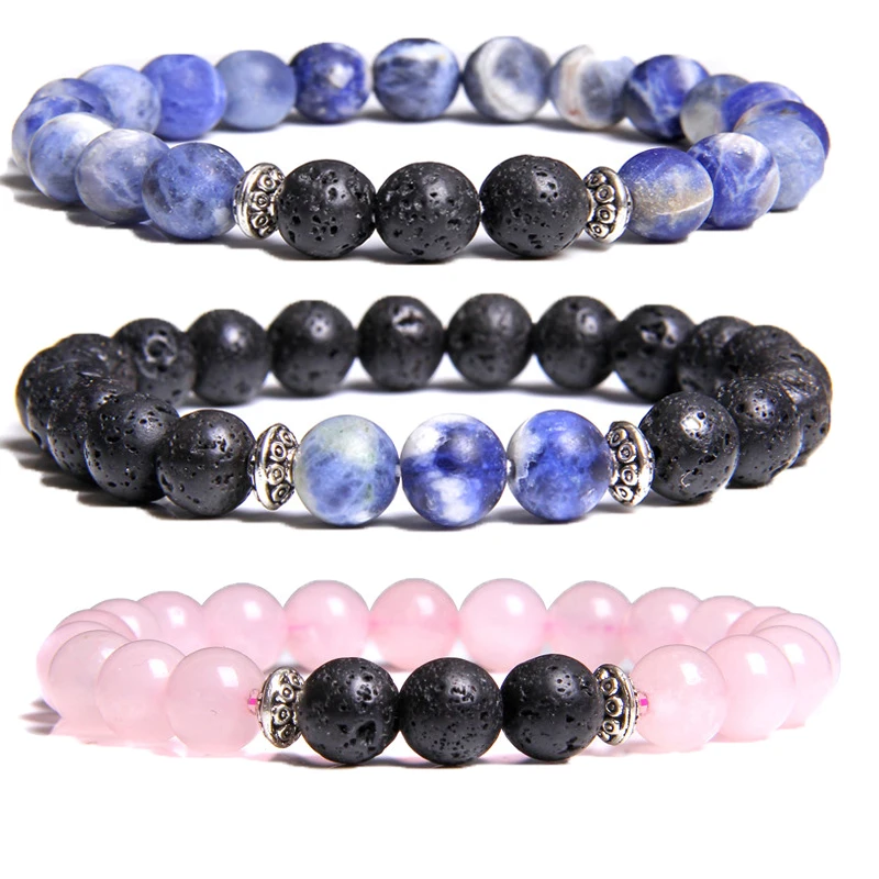 Мужской браслет натуральный черный камень лавы круглый 8 мм розовый кристалл