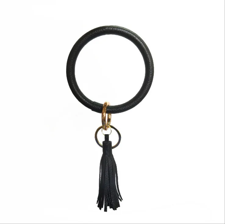Black tassel Бохо Шикарный Браслет Брелок из искусственной кожи О-образный брелок красочный пользовательский Круг кисточкой браслет Хаундстут брелки девушка - Цвет: Black tassel