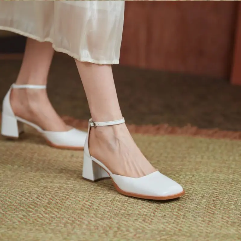 

Coolcept New Women Fashion Real Leather Sandals Thick High Heels Buckle Strap Square Toe Party Shoes Footwear Size 34-39