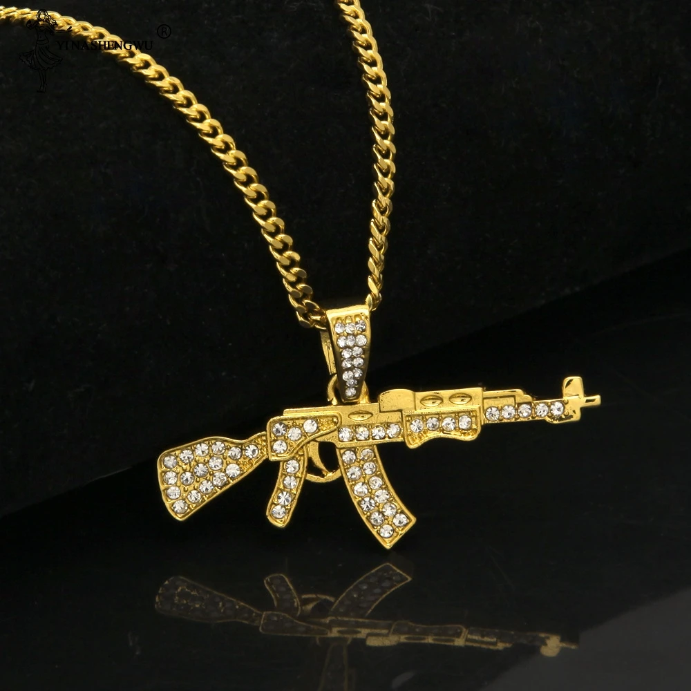 Fashion Punk Hip-Hop Gun Shape Pendant For Women Men Rapper Crystal Rhinestone Chain Necklace Creative Jewelry Colgante Hombre | Украшения