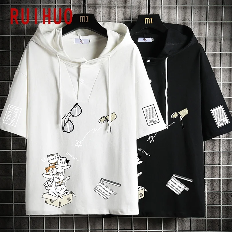 

RUIHUO Black Hoodie Men Streetwear Short Sleeve Hoodies Men Clothing Workout Hoodies For Men Tops M-5XL 2021 New Arrival