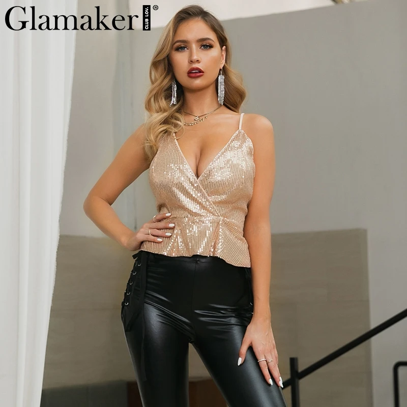 Glamaker Топ цвета шампанского с золотыми блестками, открытая спина, Клубная майка, женские майки и топики с баской и рюшами, летний стильный Сексуальный Топ для женщин