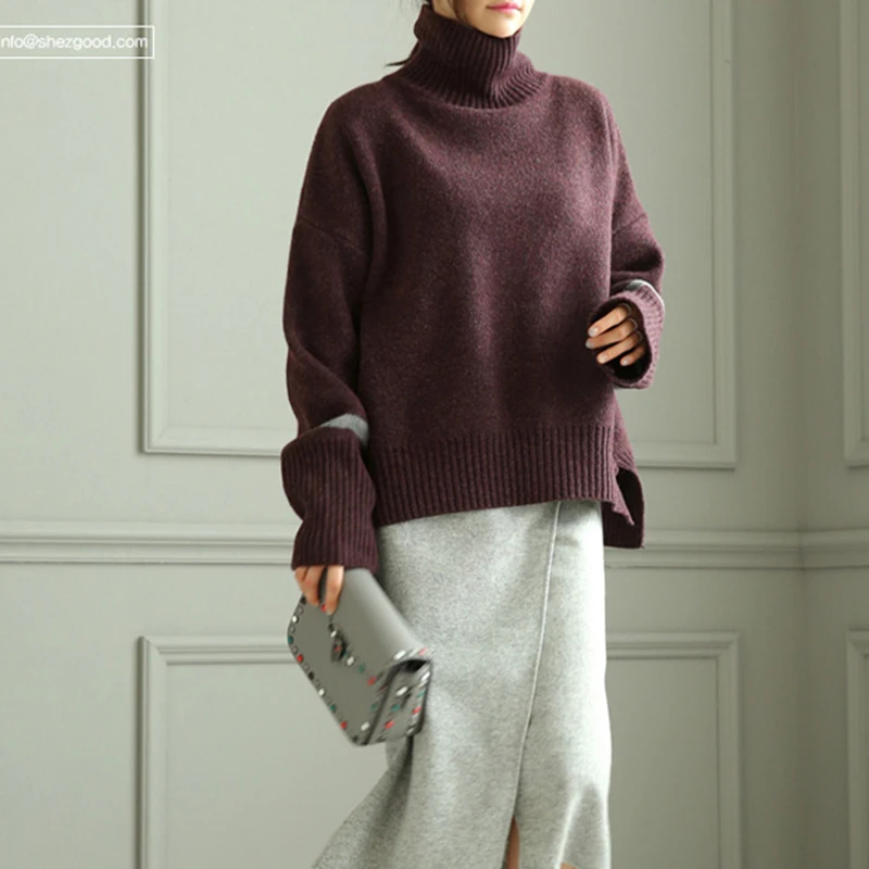 Winter Cashmere Knitted Sweater Female Long Sleeve Split Striped Loose Warm Turtleneck Women Pullovers Plus Size Korean Jumper | Женская