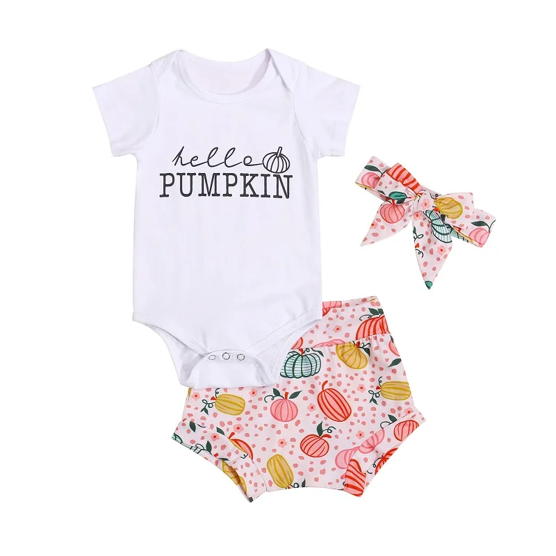 

0-24M Newborn Baby Girl Short Sleeve Cotton Bodysuit Tops Print Bloomers Shorts Headband 3PCS Baby Clothing Set