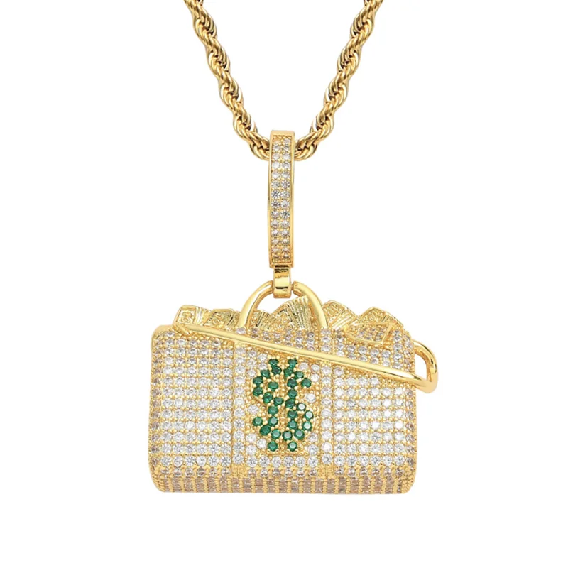 

New Cubic Zircon 925 Silver Zircon Dollar Packet Pendant Necklace High Quality Chain Men Link Luxury Jewelry