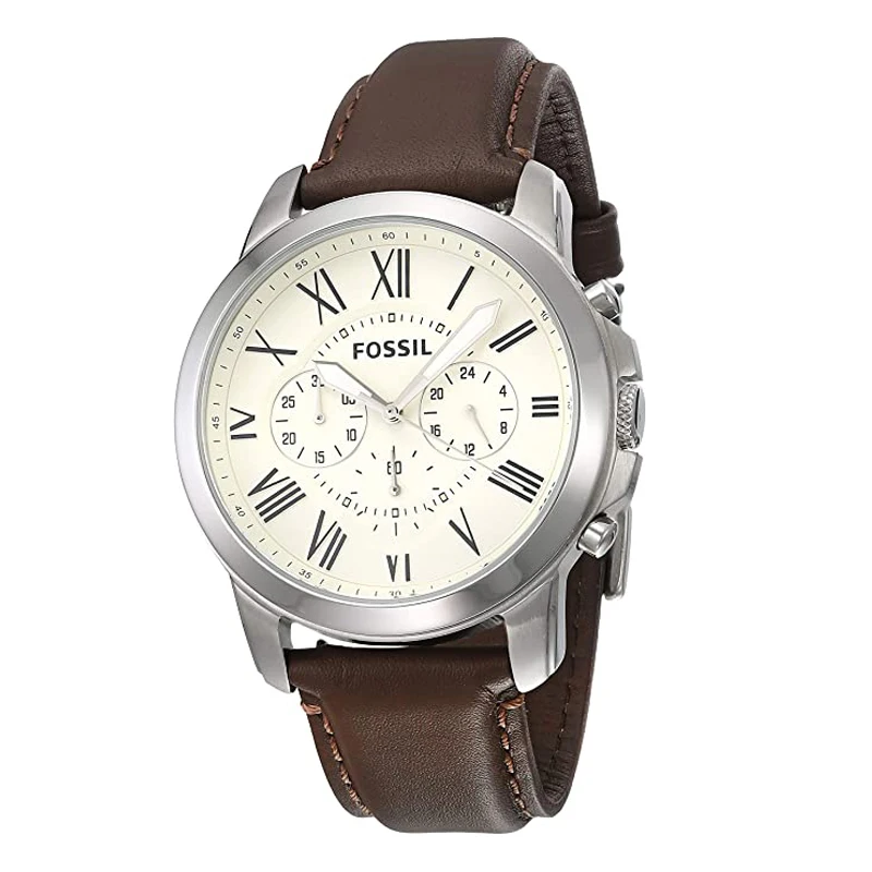 

Fossil Grant Chronograph Mens Watch White Dial Quartz Stainless Steel Watch Brown Leather Watch FS4735