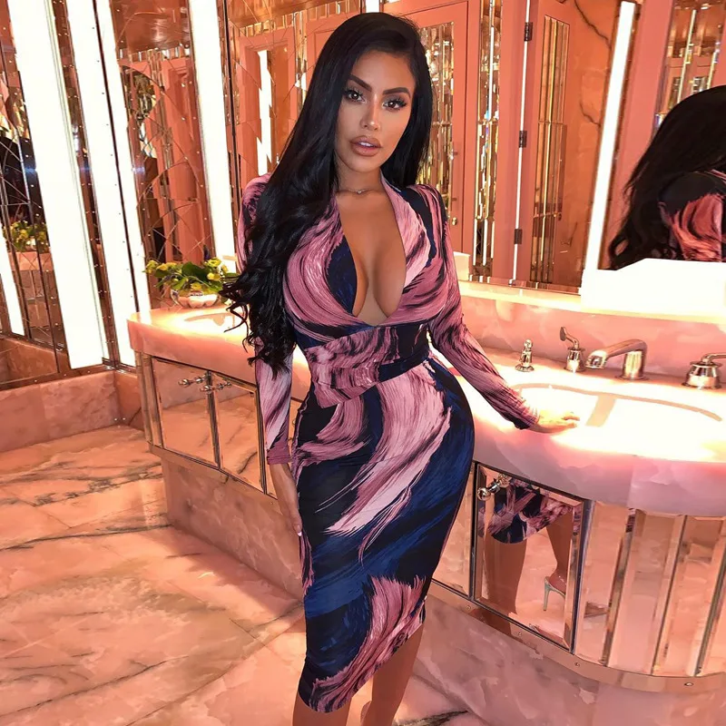 

Skennyee AuTumn Tie Dye Women's Dresses Long Sleeved V Neck Irregular Sexy Streetswear Casual Print Party Vestidos Plus Size