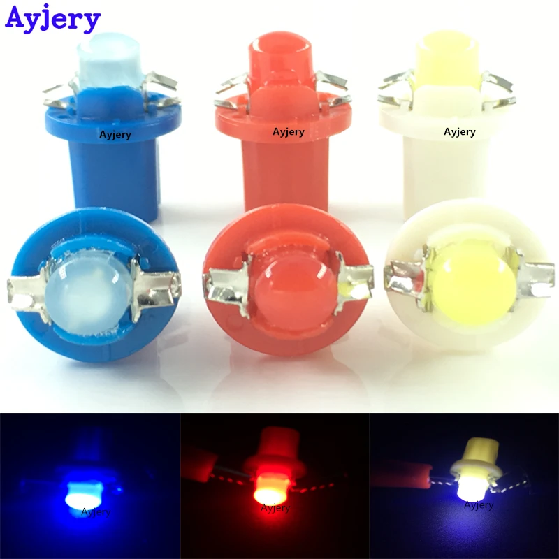 

AYJERY 500pcs New T5 B8.5D LED B8.5 Round 3D Bright 1 LED 1SMD Car Dashboard instrument Light Side Light Bulb White Blue DC 12V