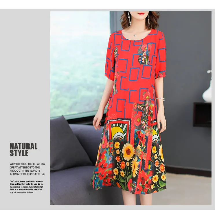 

2020 Summer Silk Dress for Women Fashion Printed Red Floral Dress Casual Dresses Beach Clothes Vestidos De Festa XX162
