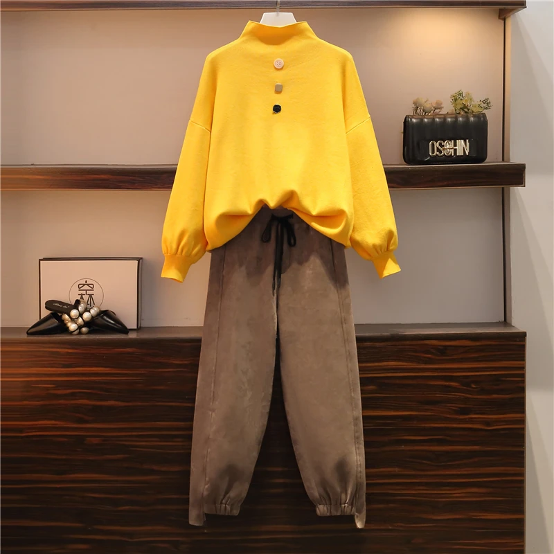 

Plus size Women Two Piece Wide Leg Pant Set And Top Autumn Casual Elegant Turtleneck Minimalist Classic Outfit Female 2021 cloth