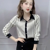 2021 summer new womens long sleeve chiffon shirt simple high end loose stripe printing blouses cardigan b073