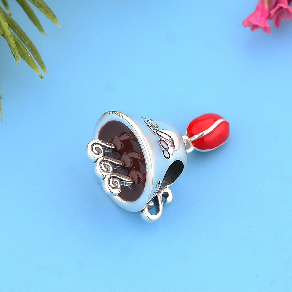 

Real 925 Sterling Silver Engraved Coffee Charm With Eed Seed Beads Fit Original Charm Bracelet Jewelry Making