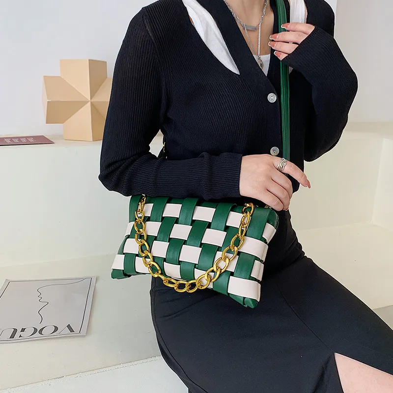 Color Contrast Weave Small Cute PU Leather Crossbody Bags for Women 2021 Simple Branded Luxury Gold Chain Shoulder Handbags
