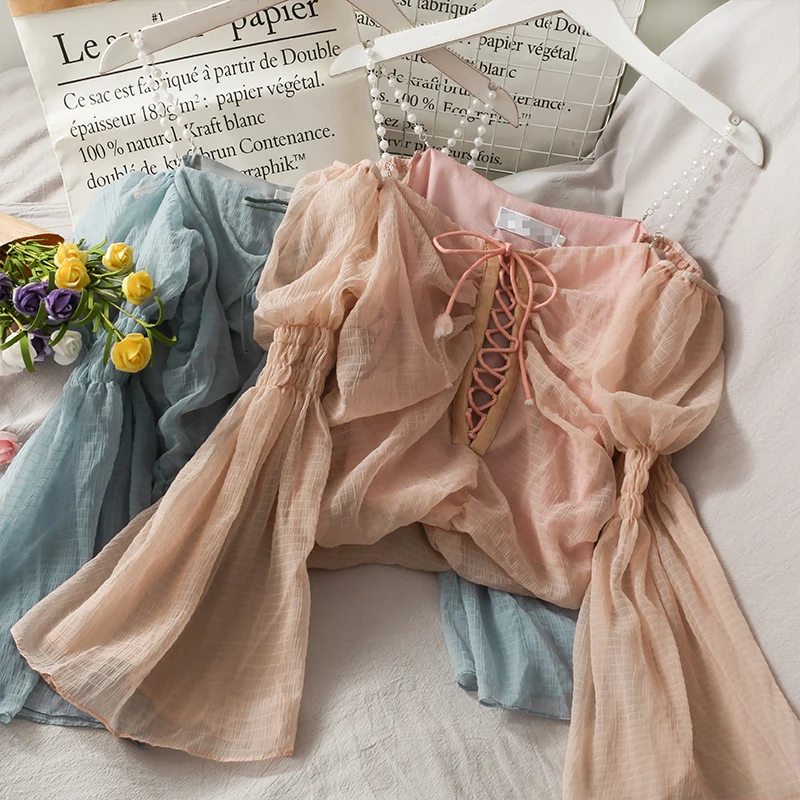 

Fairy Drawstring Folds Bow Tie with Trumpet Sleeves Small Sling Shirt Female 2021 Temperament All-match One-shoulder Mesh Sling