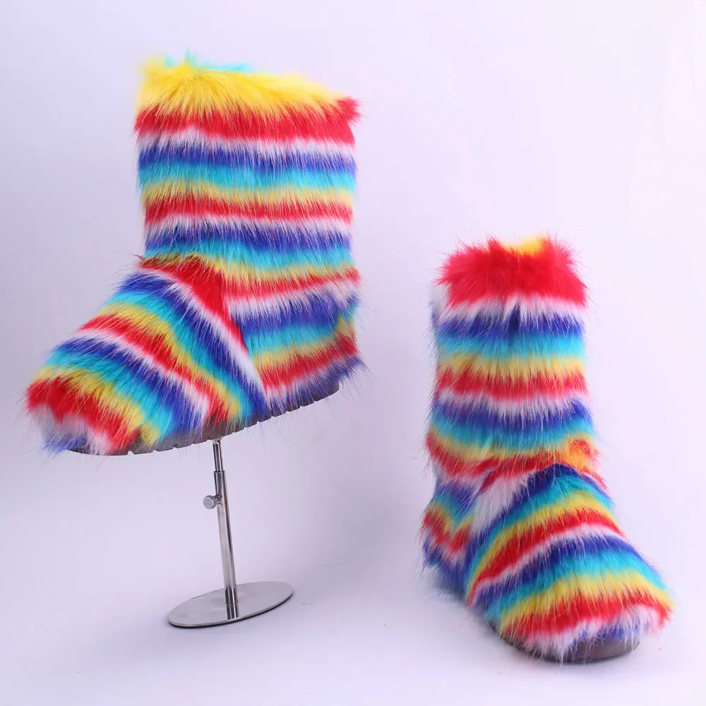 

Kids Warm Snow Boots Puffy Faux Fur Boots Children Rainbow Shoe Rubber Flat Boots Fashion Fur Shoes SPC001