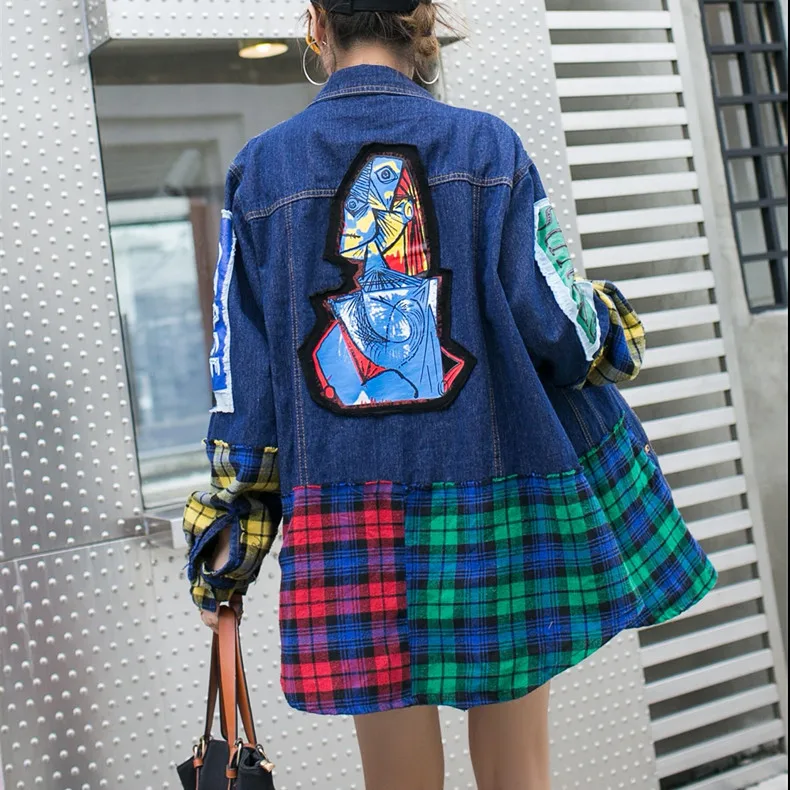 

Autumn denim jacket female 2019 autumn and winter tide brand loose long section lattice stitching denim jacket female