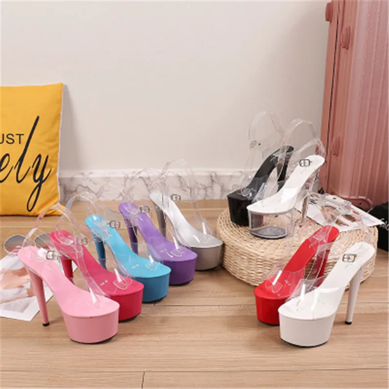 

2020 New Summer Stripper Heels Clear Shoes Woman Platforms High Heels Sandals Women Sexy pvc Fish Mouth Shoes Candy Colors 34-43