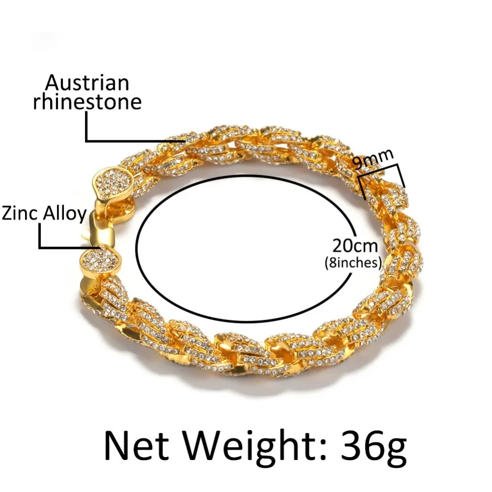 

1 New Fashion Hiphop Wome Mens Fashion Rope Chain Bracelet Bling Bling Rhinestones 9mm Gold Color Iced Out Jewelry Bracelets