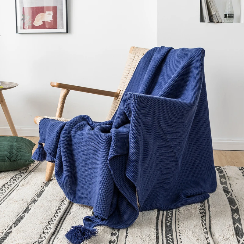 

Royal Blue Blanket Sofa Knit Throw Blanket Solid Soft PomPom Tassels Blanket Travel 130x160cm Home Sofa Chair Couch Bed 50"x62"