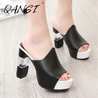 summer peep toe high heel women slippers fashion pu party slippers black white platform slippers transparent thick woman sandals
