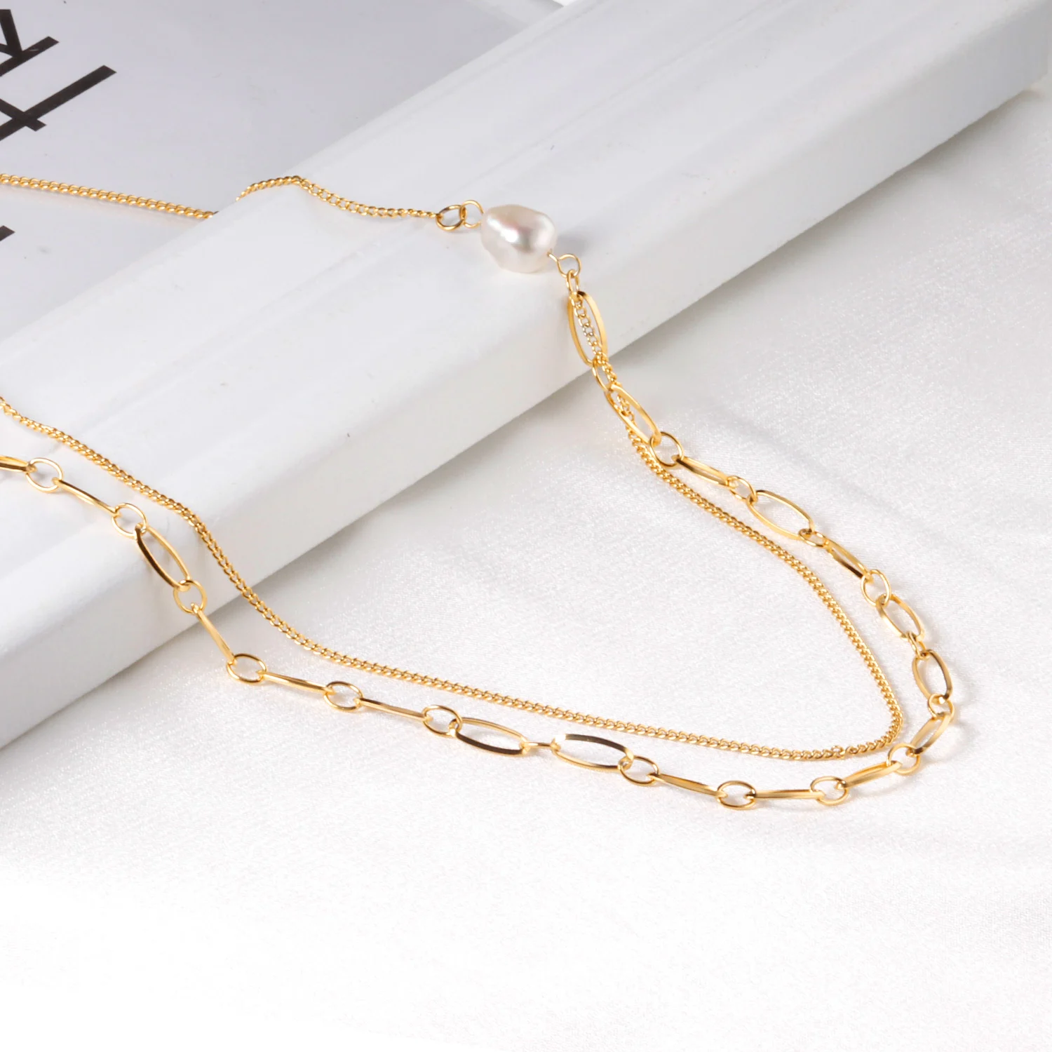 

LUXUSTEEL 2020 Imitation Pearl Pendant Double Chains Necklaces For Women Gold Color Collar Chokers Stainless Steel Collier