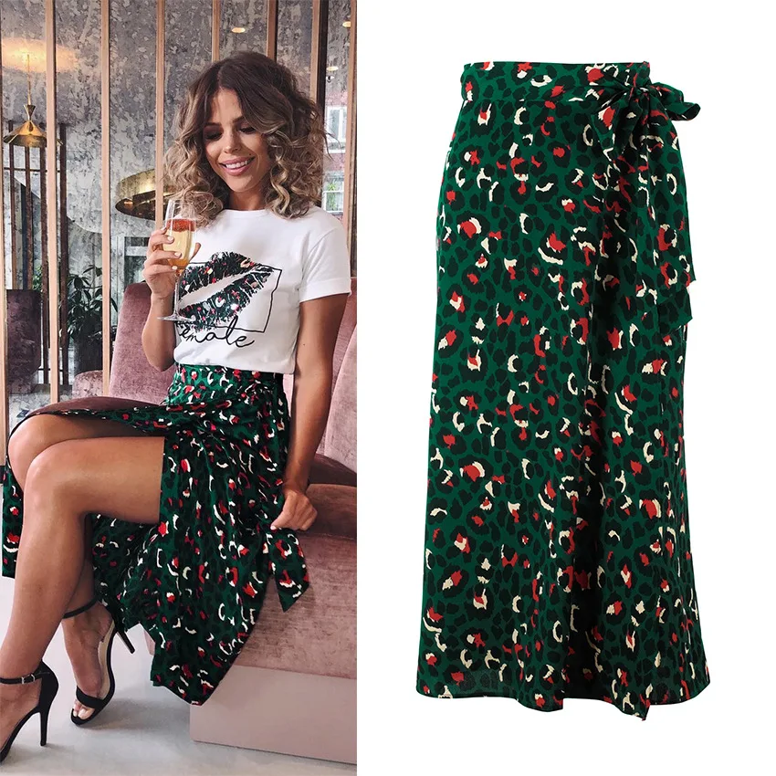 

2020 new European and American half-length skirt leopard print sexy one-piece strappy hip slit print high-waist long skirt