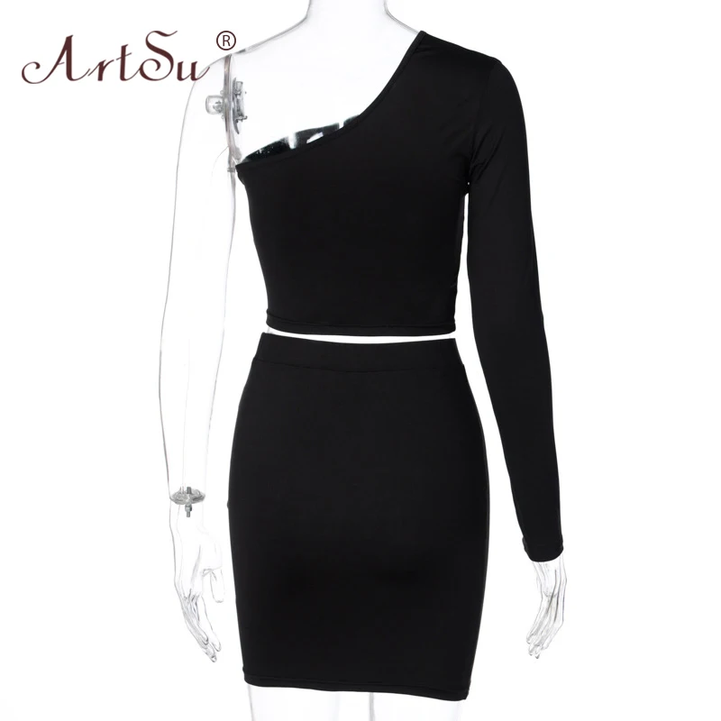

ArtSu 2020 One Shoulder Letters Print Sexy Crop Top Skirt Black 2 Piece Set Autumn Winter Women Fashion Outfits Street Tracksuit