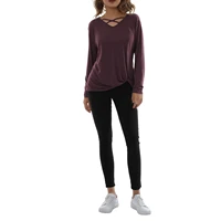 women solid color t shirt adults loose cross v neck long sleeve twist knot pullover